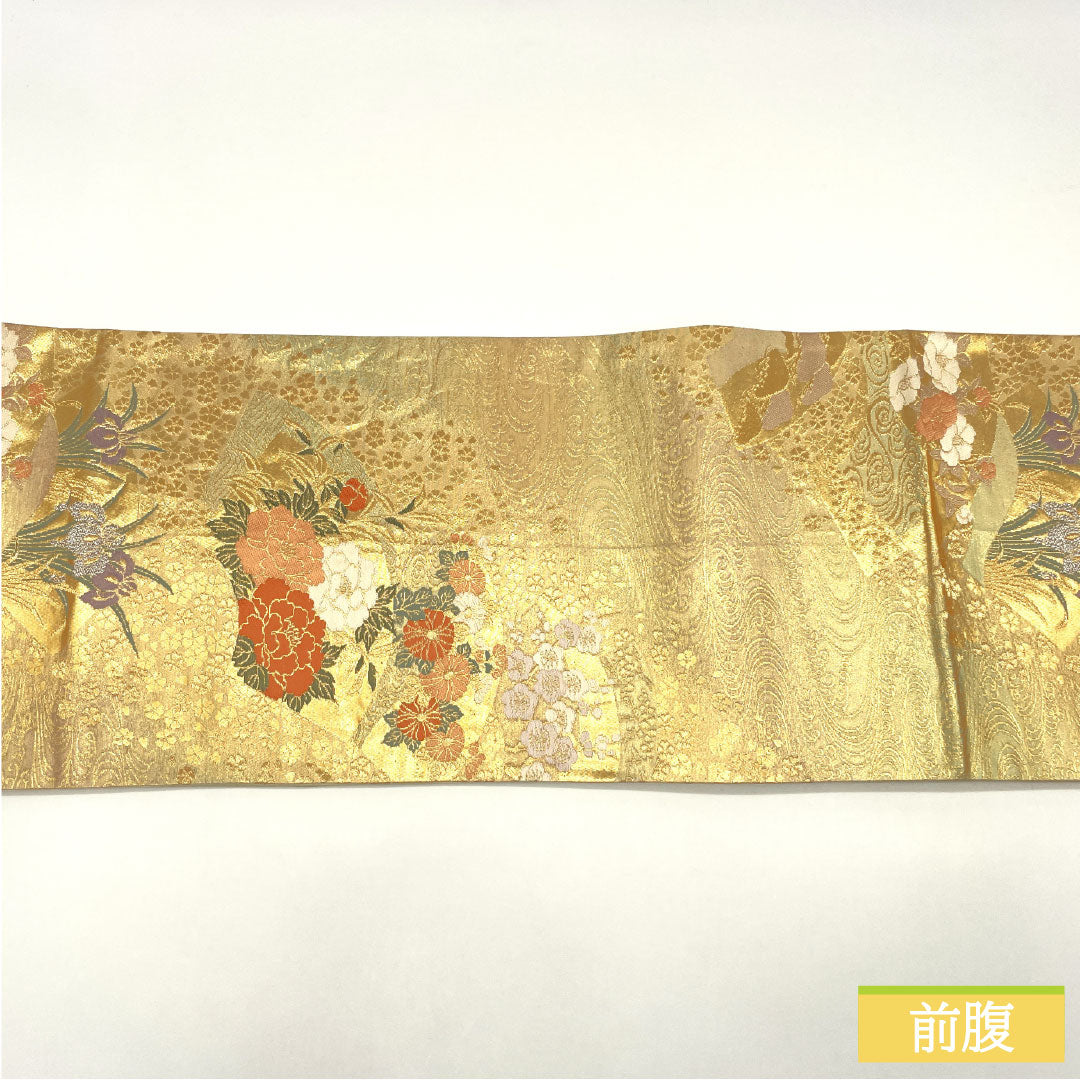 袋帯 正絹 Aランク 西陣織 扇面 花模様 留袖用  帯丈430cm 六通 フォーマル 金系 1123016493321
