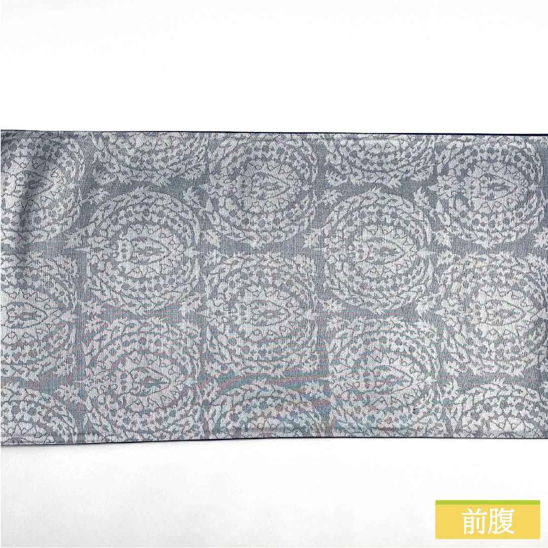 袋帯 正絹 錫色（すずいろ） 幾何学模様 帯丈412cm Sランク 六通 セミフォーマル 銀系 1123012292322