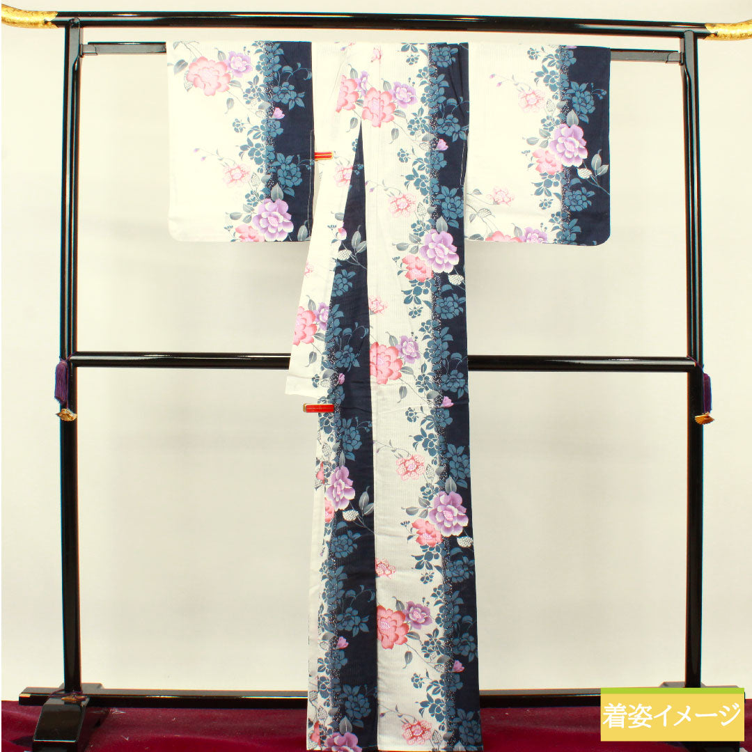 浴衣 木綿 身丈166cm 裄丈67cm Sランク 単衣 白系 竪絽（たてろ） 芍薬 1118004752511
