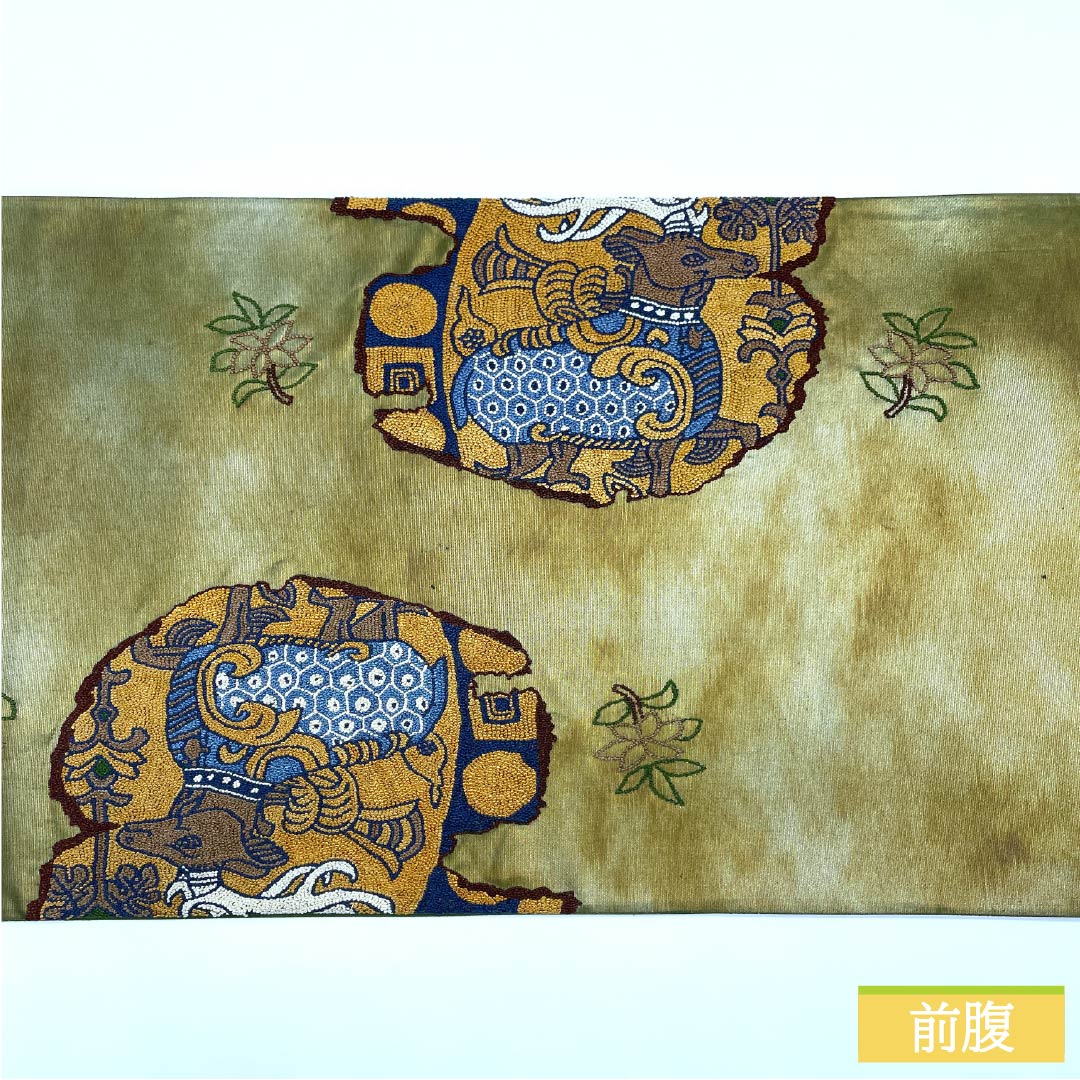 袋帯 正絹 島松鼠色（しままつねずいろ） 相良刺繡 欧風文様 帯丈436cm Sランク ポイント柄 カジュアル 緑系 1123012762319