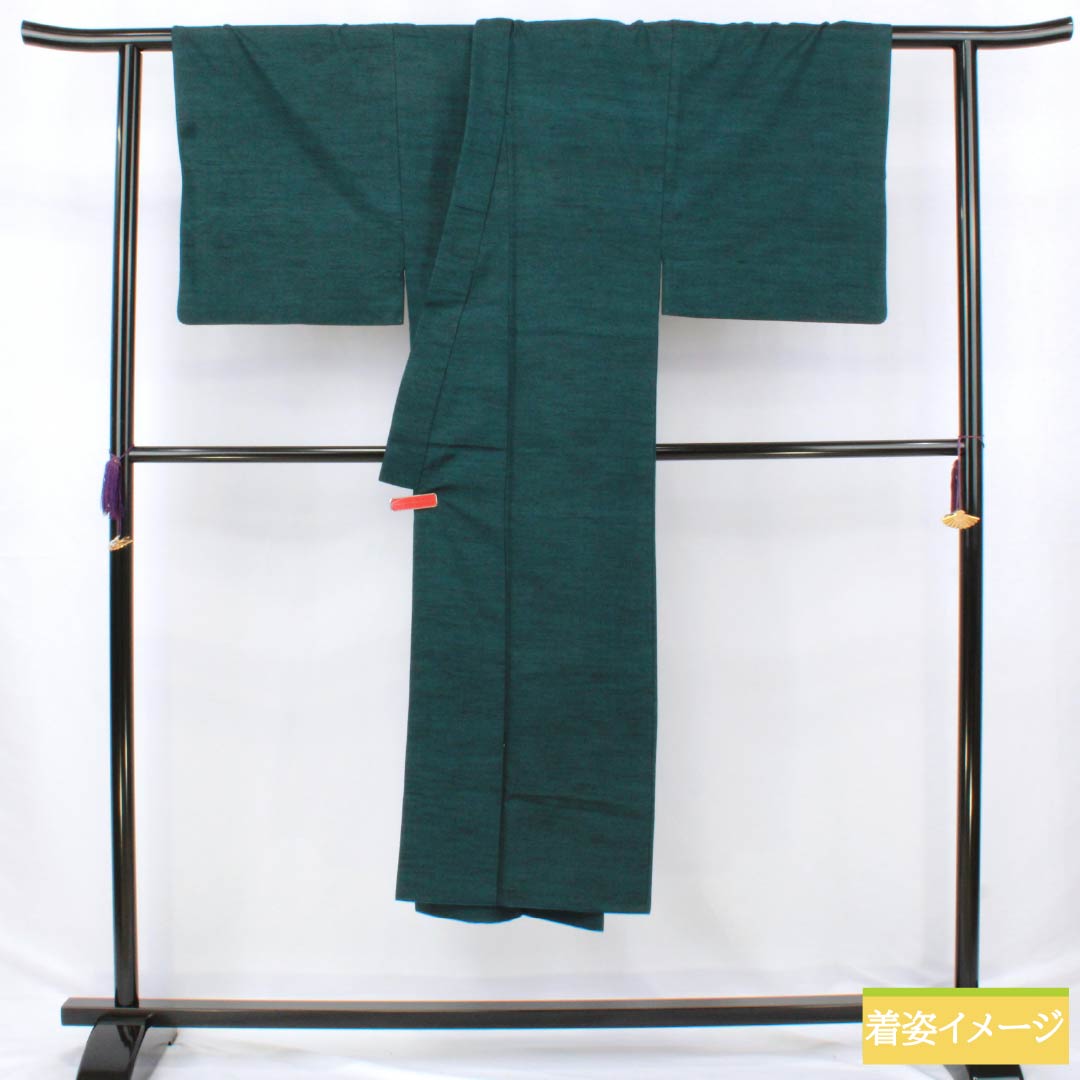 男物 正絹 Sランク 身丈138.5cm 裄丈70cm  藍鉄色（あいてついろ） 紬地 袷 緑系 1119001142319