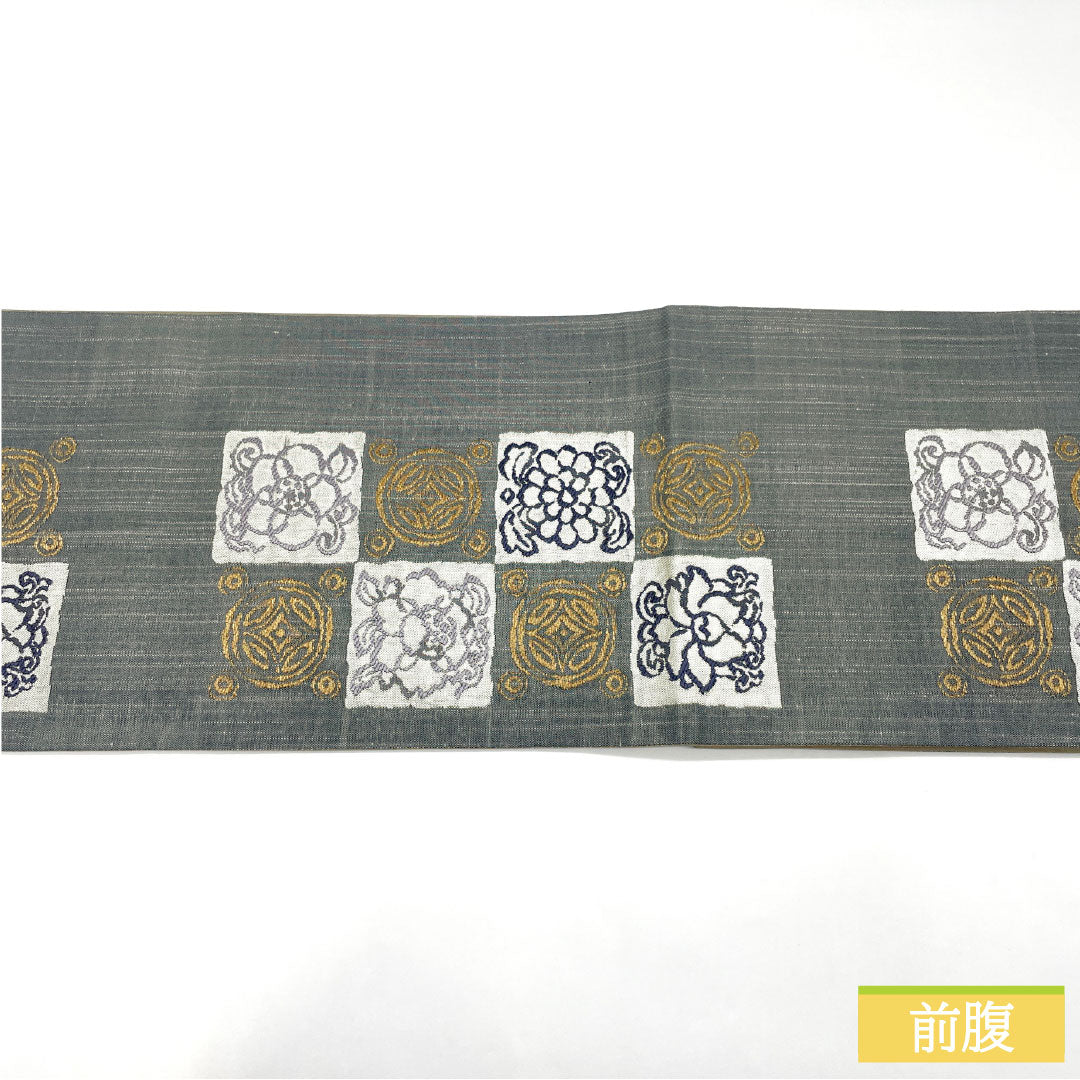 A-Rank Pure Silk Fukuro Obi (Indigo Wall Color) with Nishijin-ori Weave, Silk Silk Pongee Fabric, Abstract Pattern, Length 442cm, Six-Ply, Casual, Gray, Product Number: 1123017013322