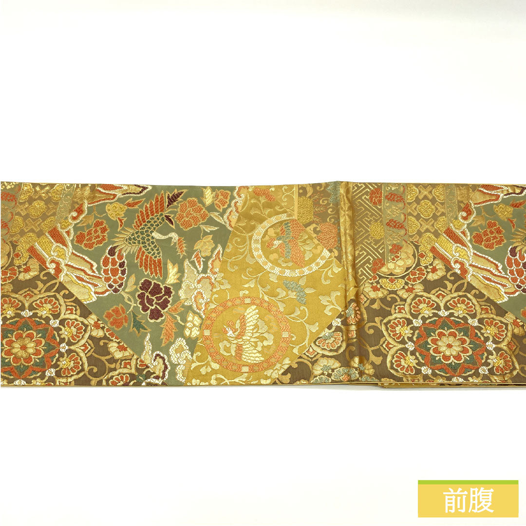 袋帯 正絹 Aランク 楊梅色（やまももいろ） 西陣織 吉祥文様   帯丈432cm 六通 フォーマル 黄系 1123016943323