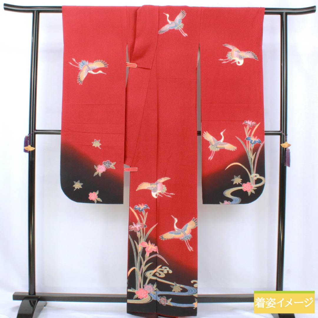 振袖 正絹 Sランク 身丈161.5cm 裄丈63.5cm 袷 生臙脂色（しょうえんじいろ） 京紅型 鶴 流水 桜 菖蒲 赤系 1113002372412