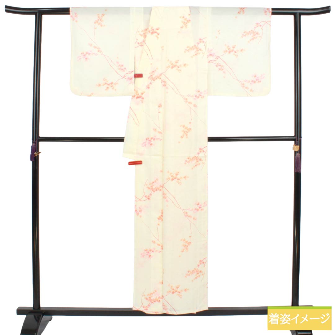 夏物 ポリエステル 小紋 Aランク 身丈154cm 裄丈62.5cm 乳白色（にゅうはくしょく） 紅葉 洗える着物 絽 クリーム系 1132005343215