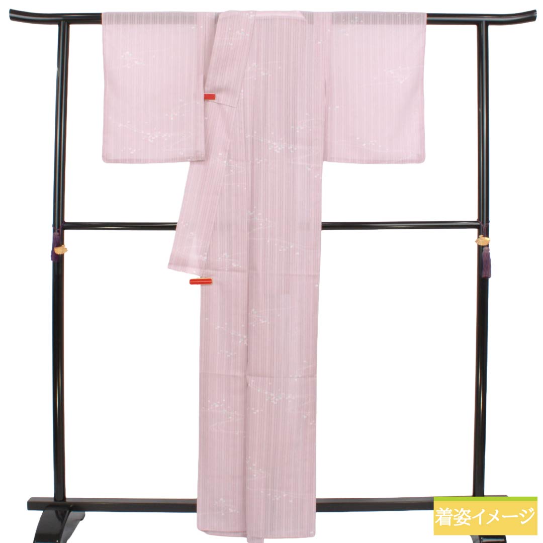 夏物 ポリエステル 小紋 Aランク 身丈163cm 裄丈62cm 白梅色（しらうめいろ） 流水 水玉 洗える着物 紗 ピンク系 1132005213413
