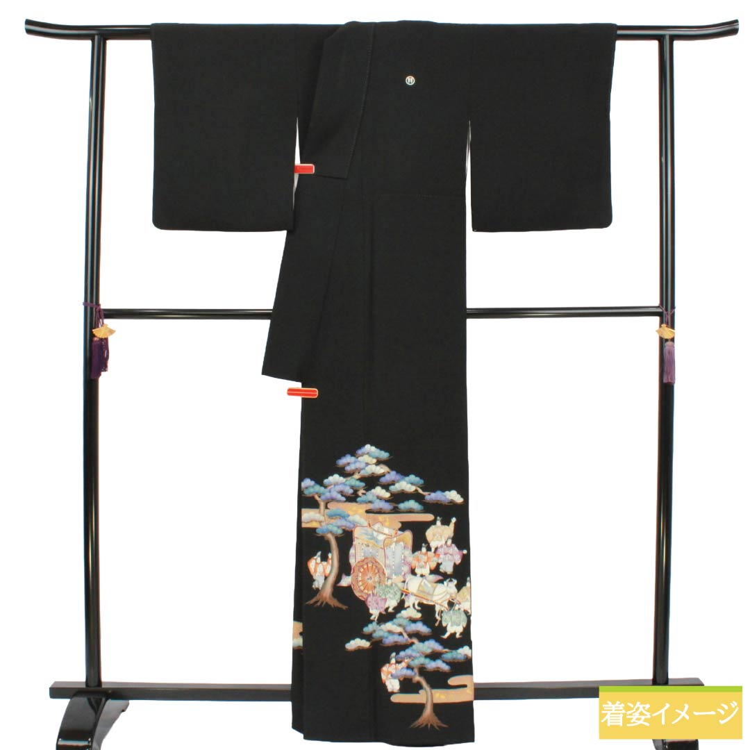 黒留袖 正絹 Aランク 身丈163.5cm 裄丈64.5cm 袷 京友禅 時代人物風景模様 五つ紋 丸に並び扇 比翼付き 五つ紋 黒系 1111002293410