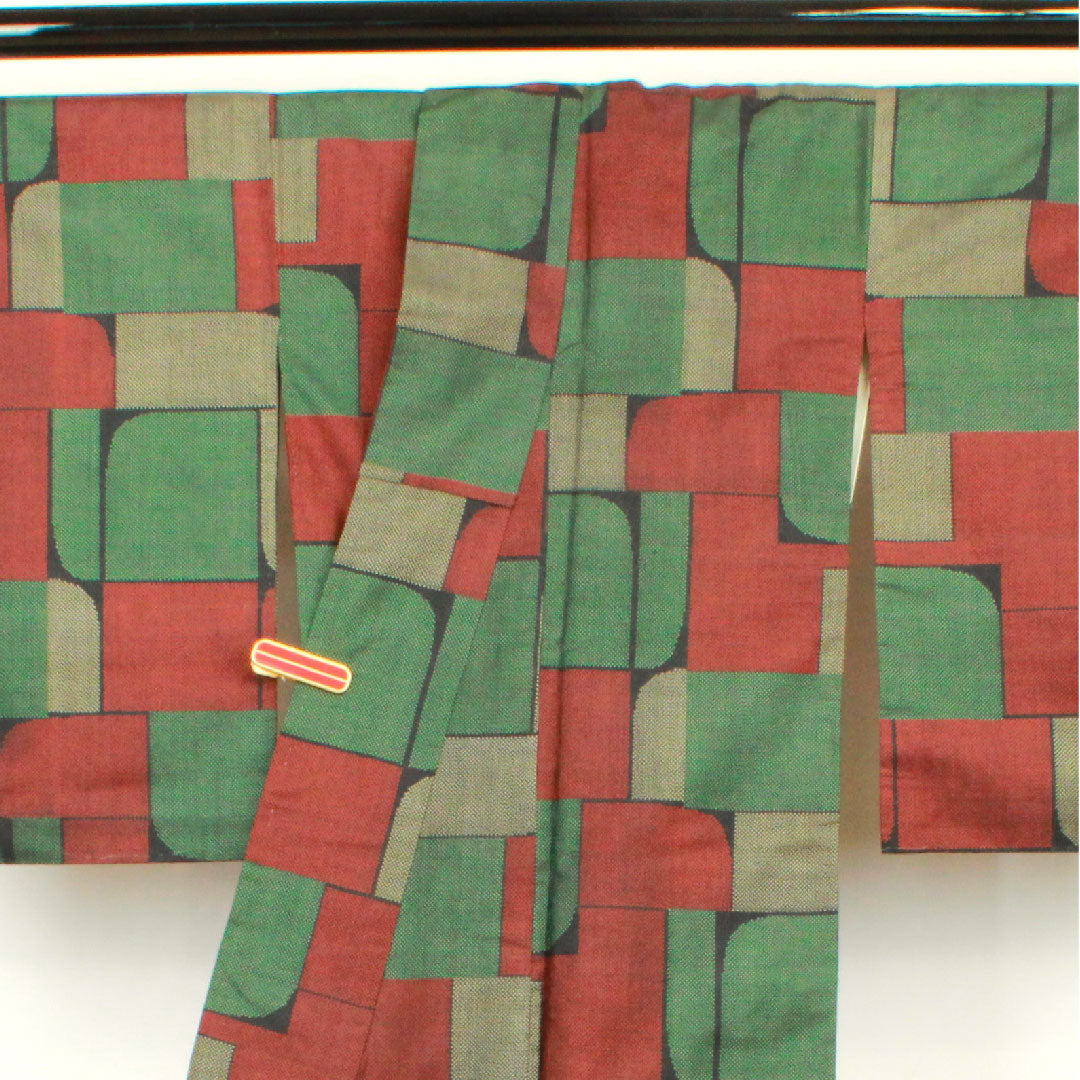 村山大島 身丈157cm 裄丈61.5cm 市松 正絹 Aランク 袷 黒系 1116001973310