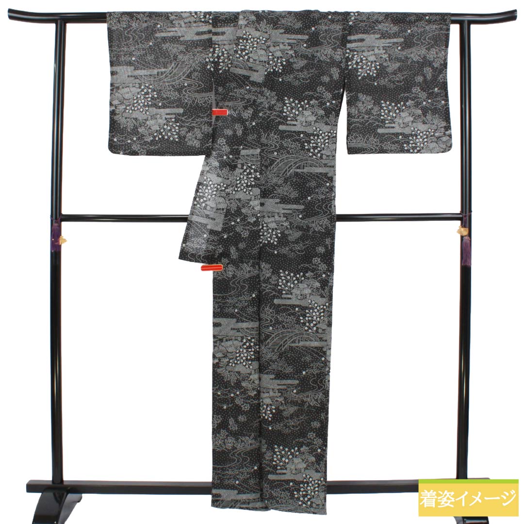 夏物 ポリエステル 小紋 Aランク 身丈161.5cm 裄丈66cm 風景模様 洗える着物 絽 黒系 1132005153410
