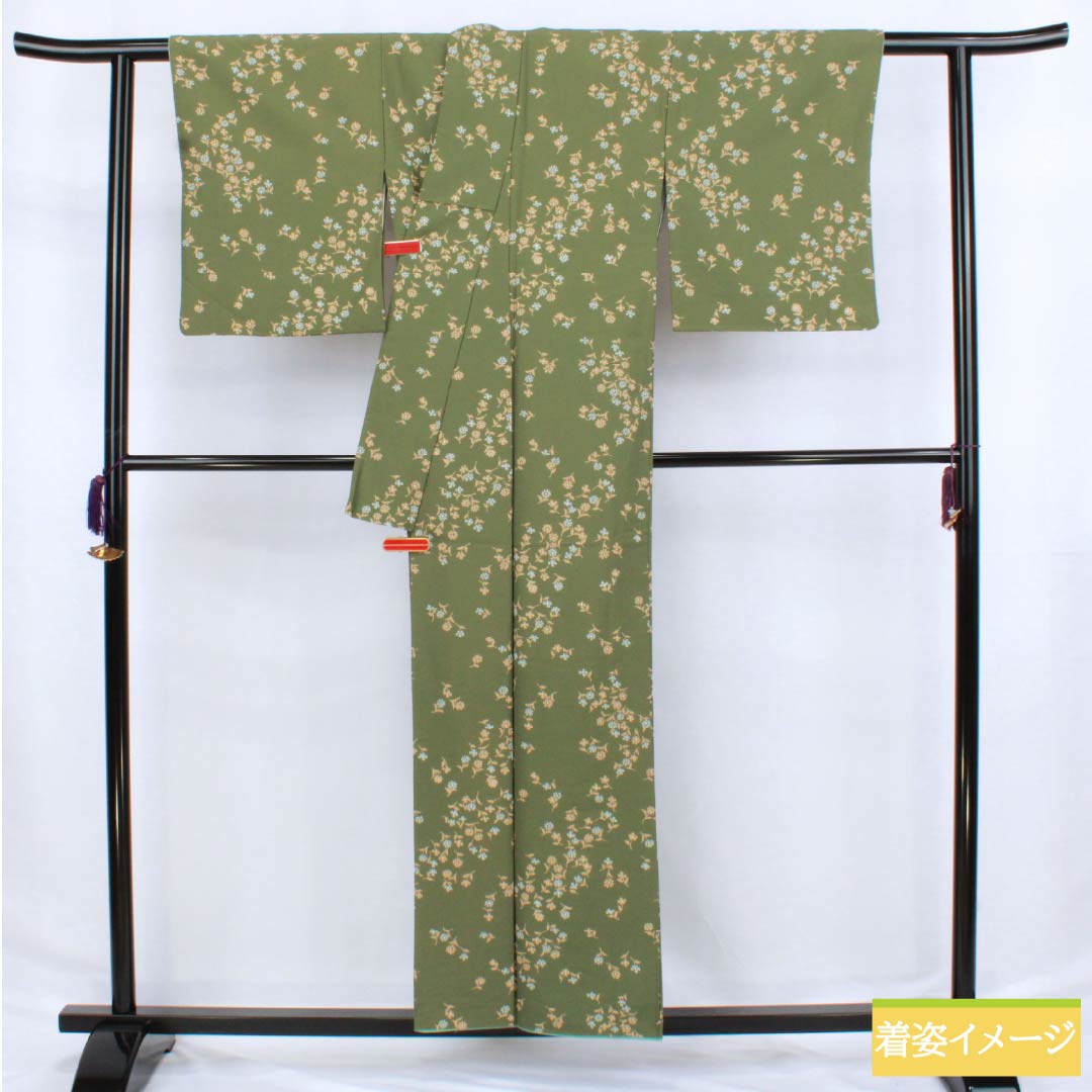 小紋 ポリエステル 身丈157cm 裄丈64cm 袷 柳煤竹色（やなぎすすたけいろ） 小花 洗える着物 Sランク 緑系 1115006242319