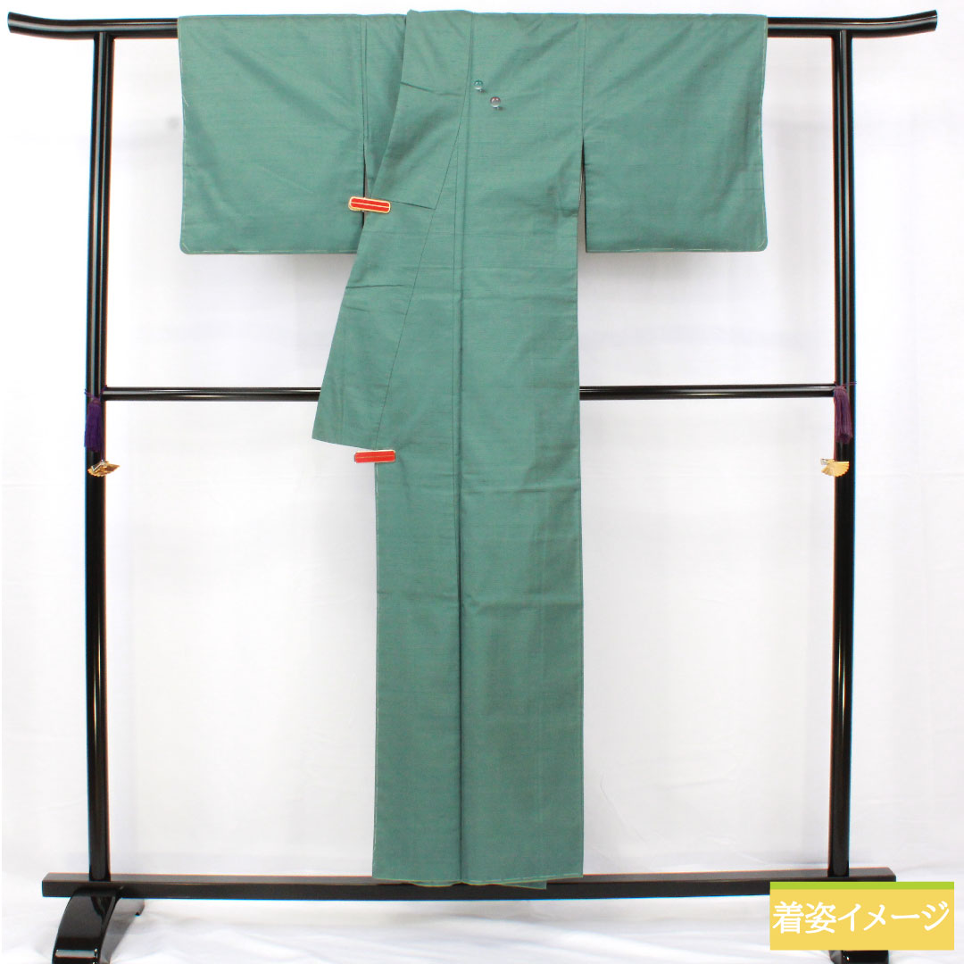 色無地 正絹 身丈152cm 裄丈61.5cm 山藍摺色（やまあいずりいろ） 紬地 しつけ糸付き 袷 Aランク 緑系 1114001653219