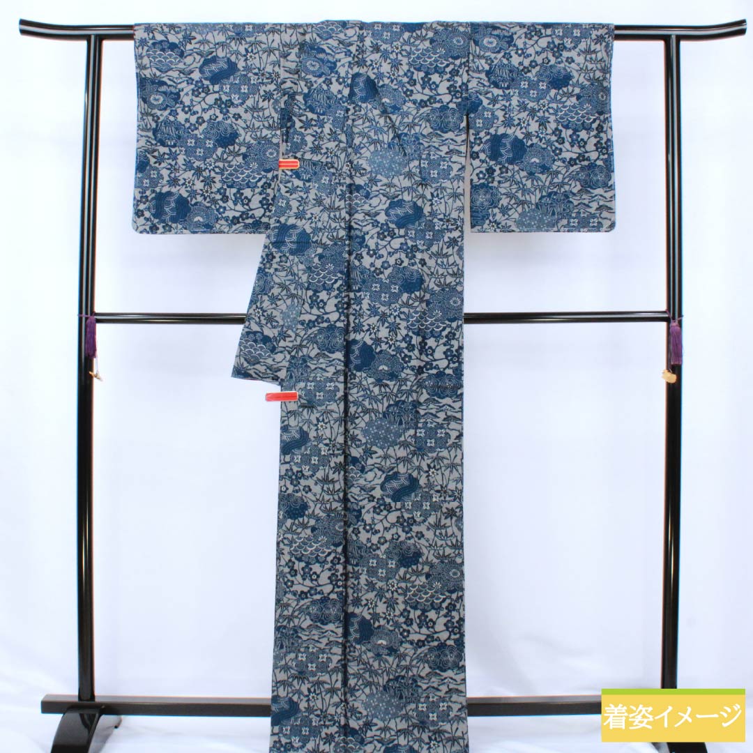 小紋 正絹 Sランク 身丈166cm 裄丈67cm 袷 京紅型 藍型 紬地 草花 グレー系 1115007212522