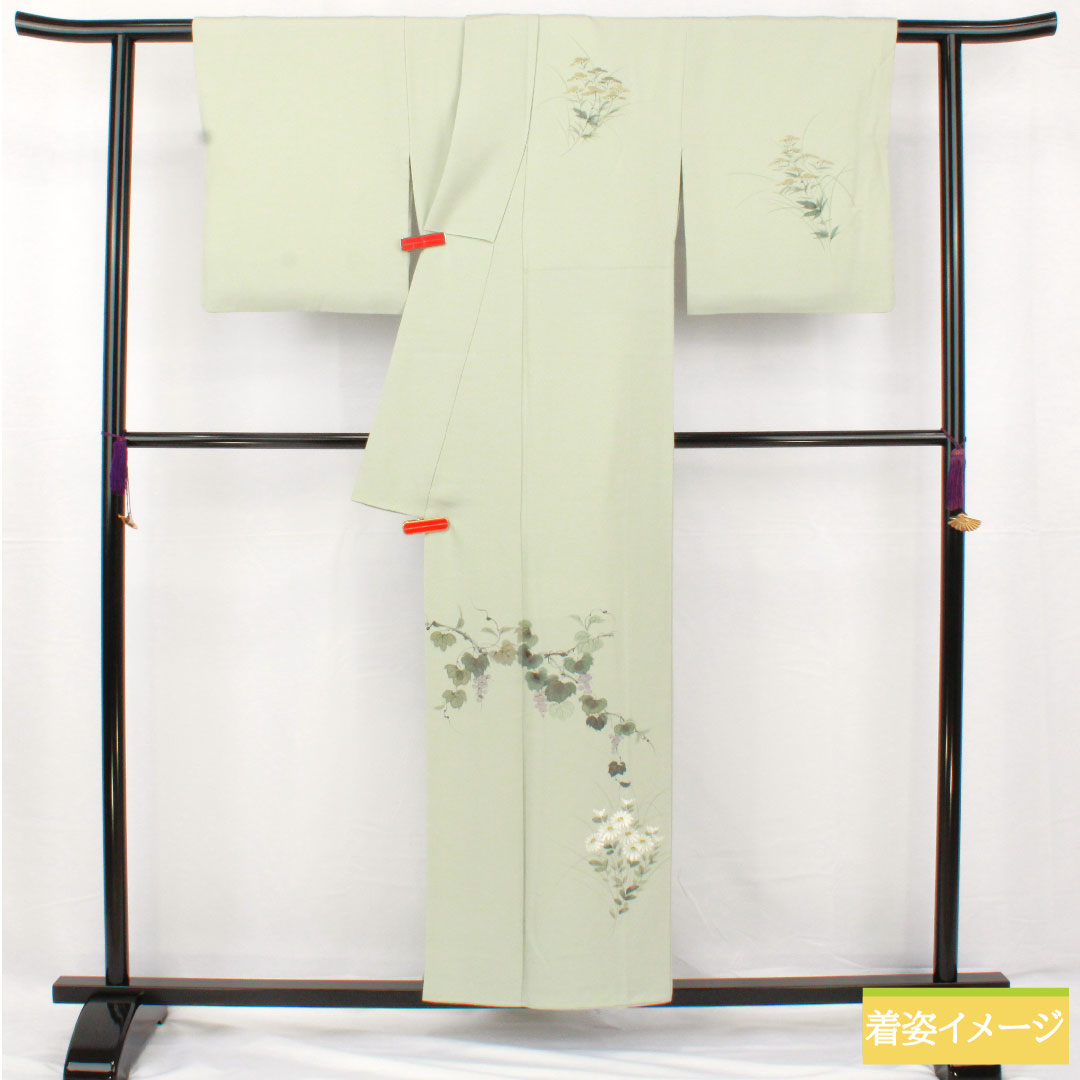 訪問着 正絹 袷 身丈155cm 裄丈65cm 白緑色（びゃくろくいろ） 草花模様 スコッチガード 付下げ Aランク 水色系 1112005453324