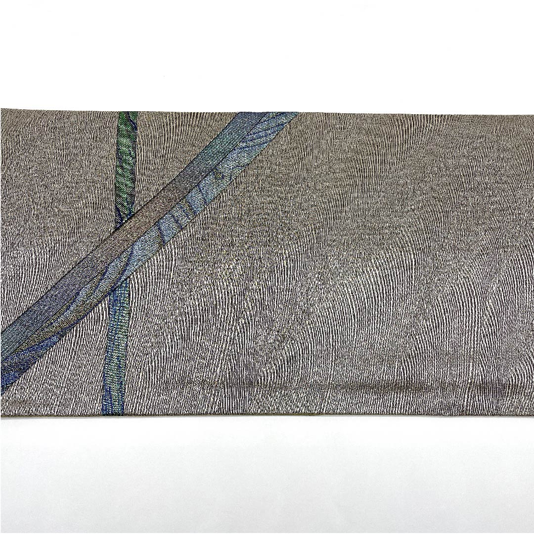 袋帯 切り嵌め 幾何学模様 帯丈446cm 正絹 Aランク 六通 セミフォーマル 銀系 1123005643322