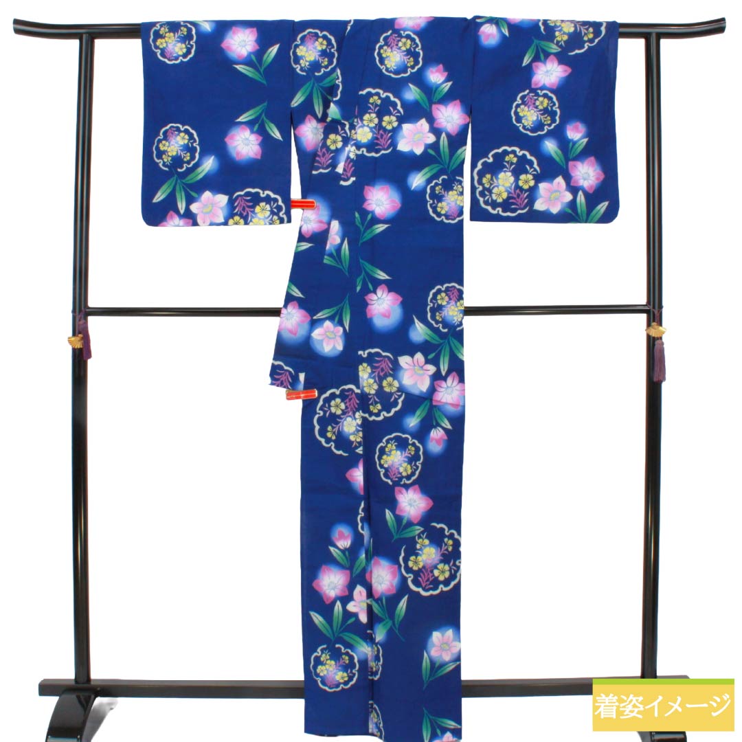 浴衣 木綿 Sランク 身丈166cm 裄丈66.5cm 瑠璃色（るりいろ） 雪輪 草花模様 単衣 紺系 1118007302518
