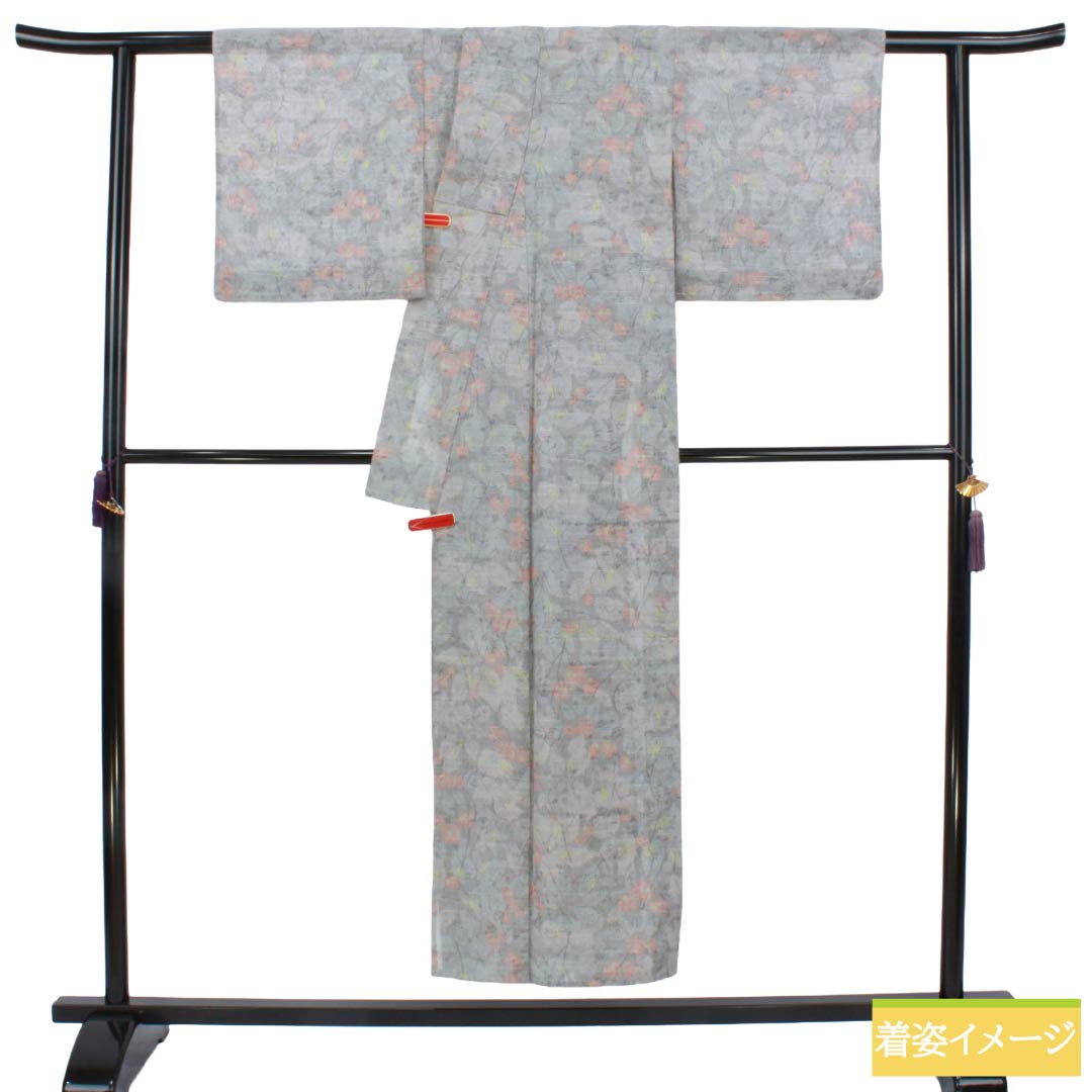 夏物 ポリエステル 紬 Aランク 身丈149cm 裄丈64cm 錫色（すずいろ） 洗える着物 草花模様 紗 グレー系 1132007043122