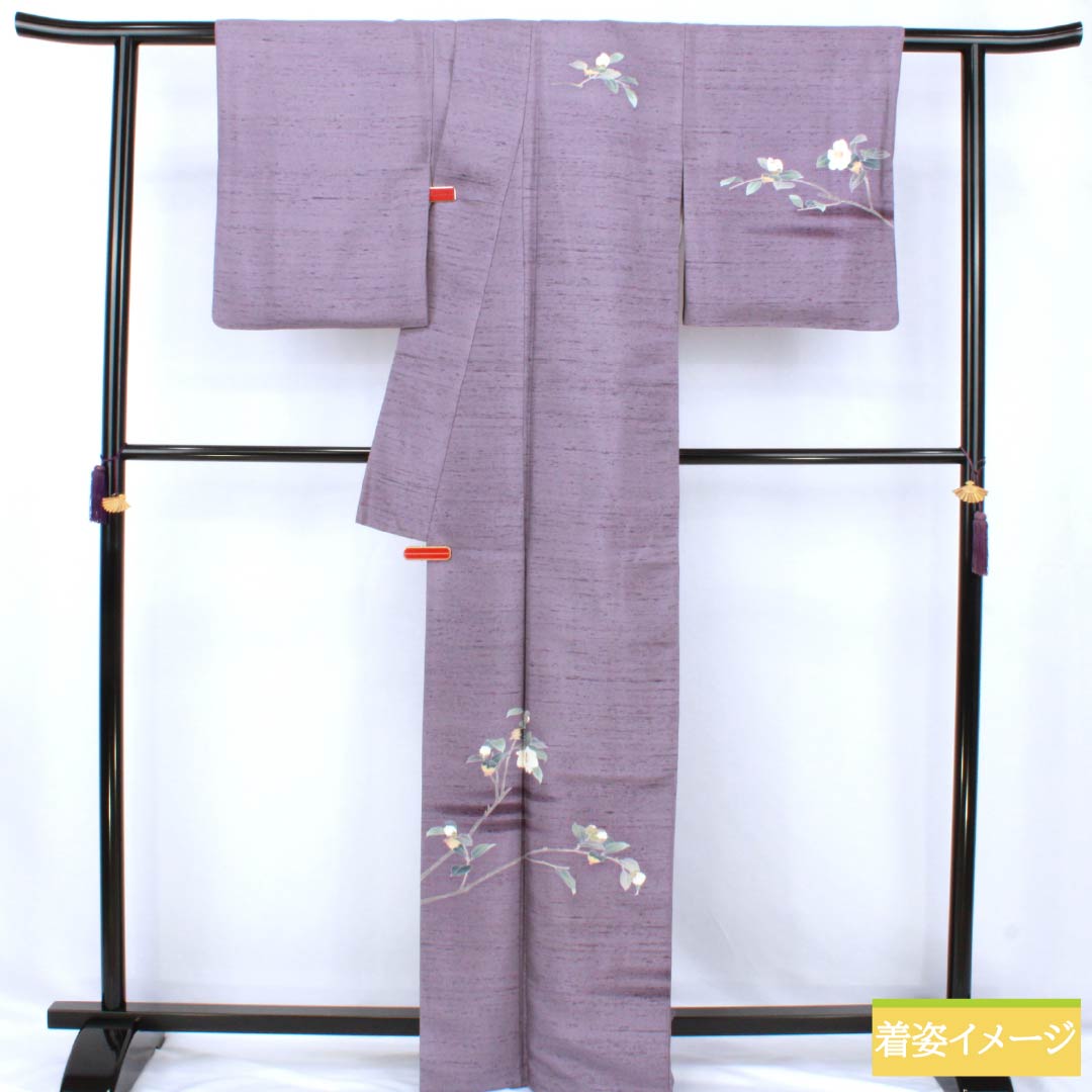 訪問着 正絹 Aランク 袷 身丈165.5cm 裄丈63cm 半色（はしたいろ） 京加賀友禅 付下げ 紬地 作家物 花 紫系 1112007503520