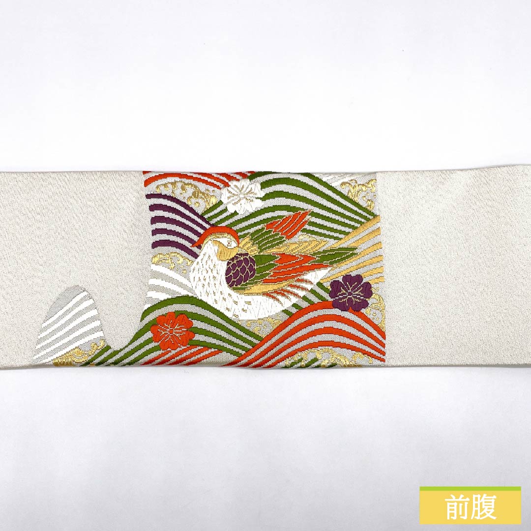 名古屋帯 おしどり 桜 波 帯丈364cm 正絹 Aランク ポイント柄 セミフォーマル 銀系 1124008933322 名古屋仕立て