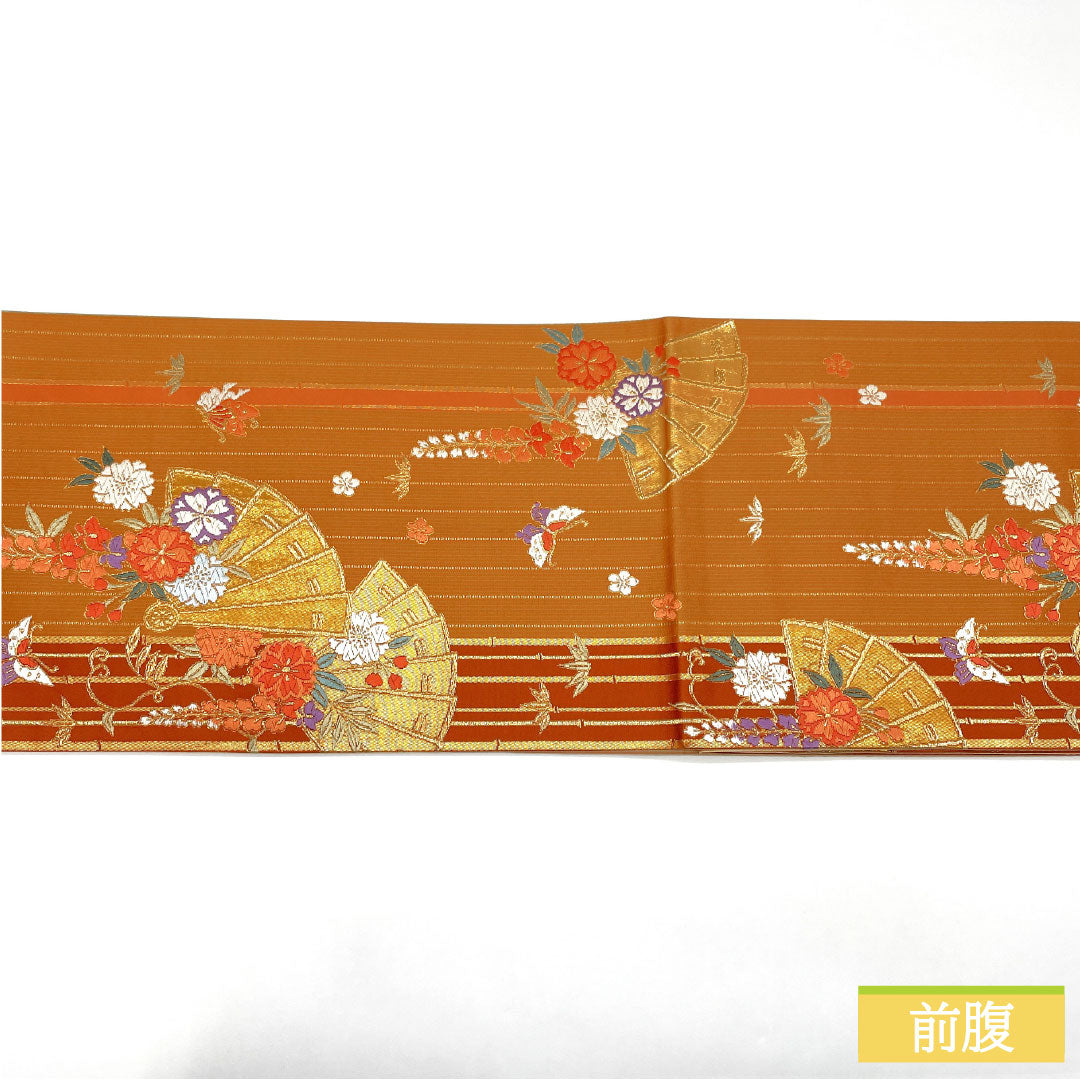 袋帯 正絹 Sランク 丹色（にいろ） 西陣織 扇面 藤 菊 帯丈416cm 六通 セミフォーマル 朱系 1123017192316