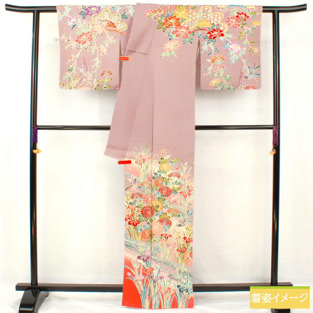 Homongi, pure silk, lined, length 164cm, sleeve length 63cm, grape color (shrimp color), Kyoto Bingata, floral pattern, A rank, purple, 1112005263420