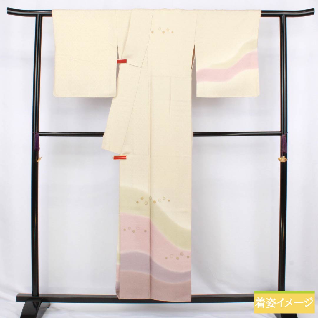 訪問着 正絹 Sランク 袷 身丈158cm 裄丈66cm 生成り色（きなりいろ） 付下げ 京友禅 雪輪 白系 1112006782311