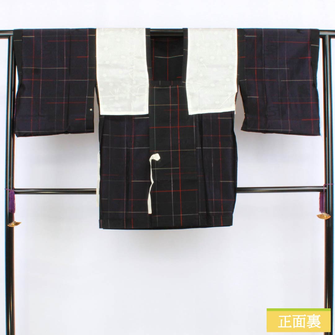 道行コート ポリエステル Sランク 身丈84cm 裄丈65cm 格子 単衣 黒系 1117001342910