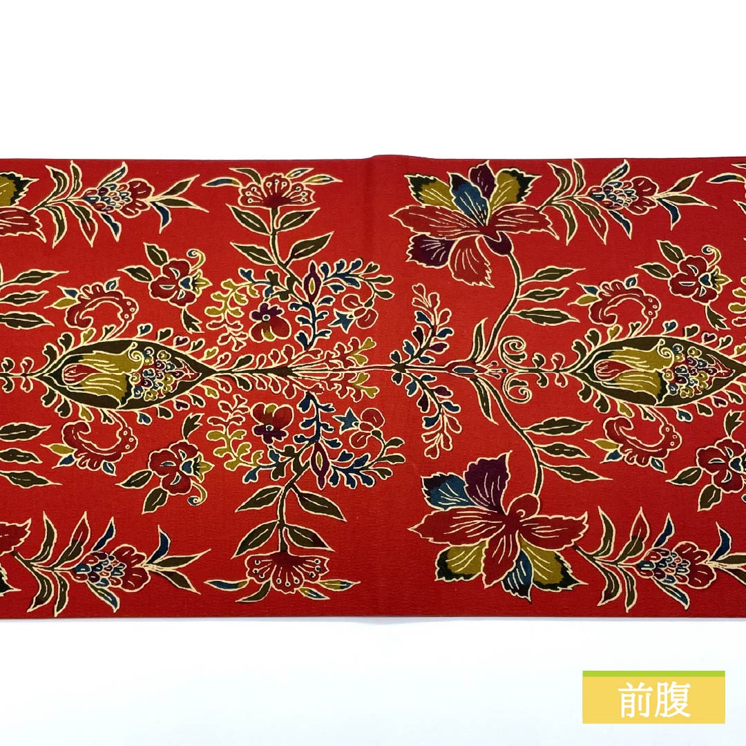 名古屋帯 赤紅色（あかべにいろ） 染め帯 京袋帯 更紗 帯丈358cm 正絹 Aランク 全通 カジュアル 赤系 1124006593312 開き仕立て