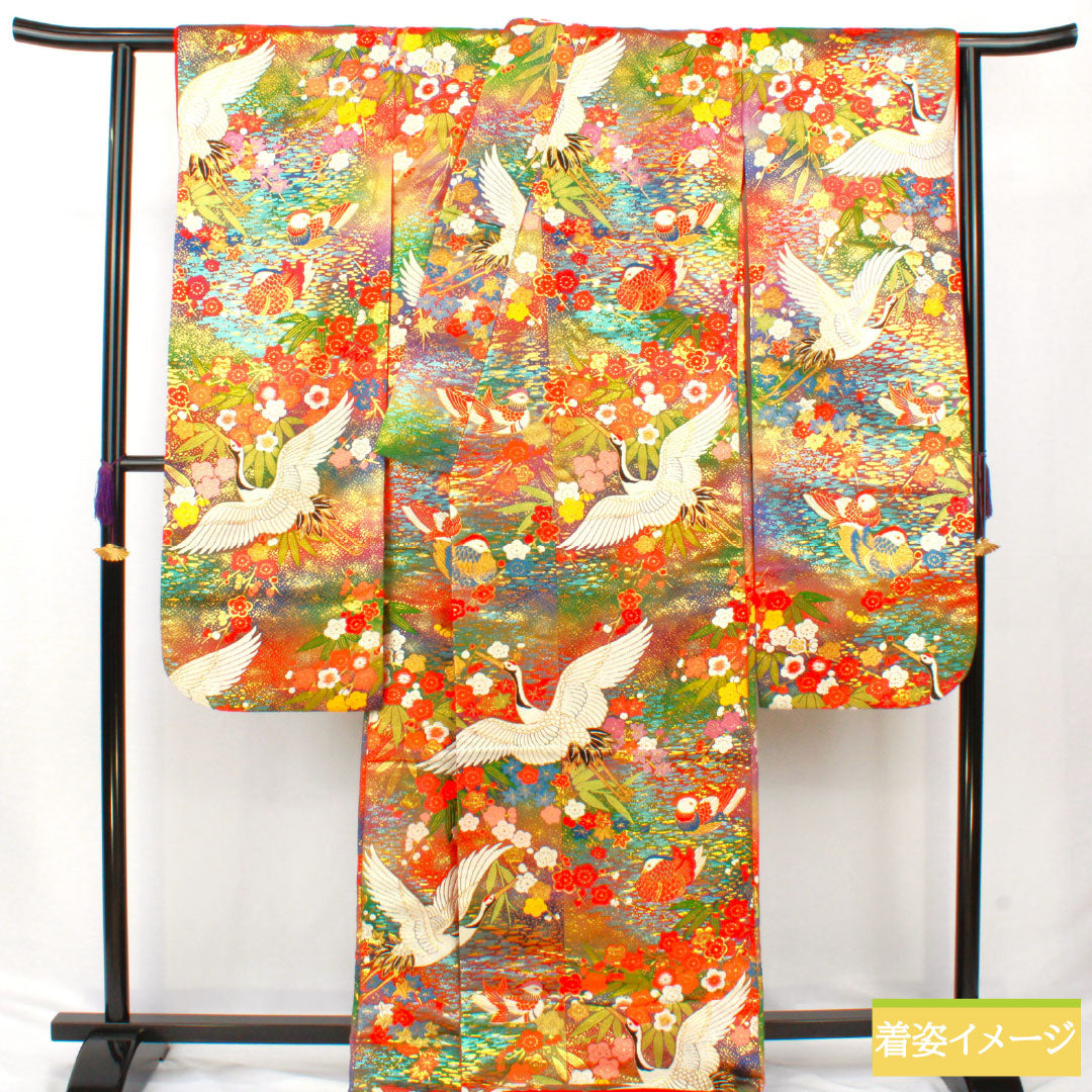 色打掛 正絹 Sランク 身丈192cm 裄丈67cm 唐織 鶴 鴛鴦 梅 笹 袷 グラデーション系 1110000892999