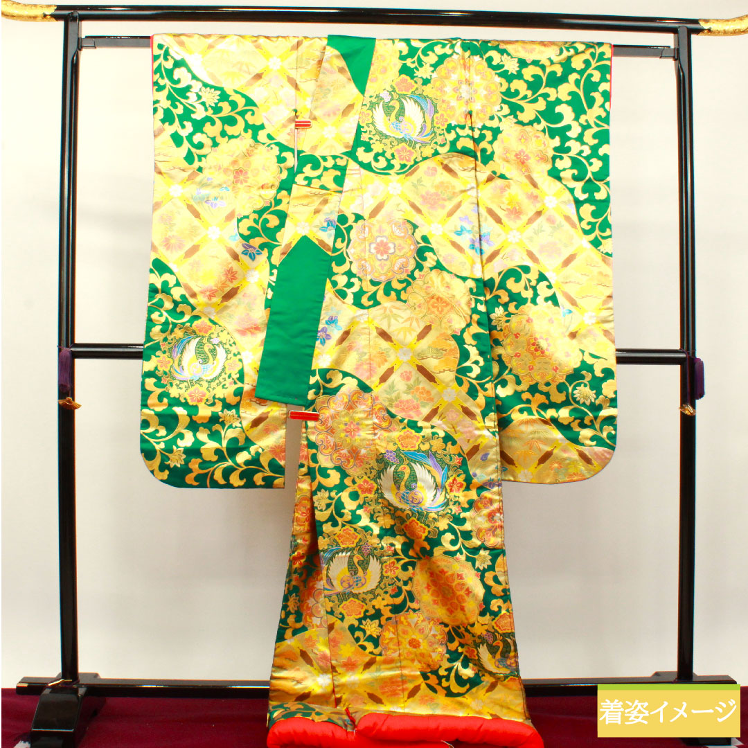 色打掛 正絹 身丈196cm 裄丈68.5cm  金彩加工 鳳凰 七宝 華文 吉祥文様 Sランク 袷 緑系 1110000692919