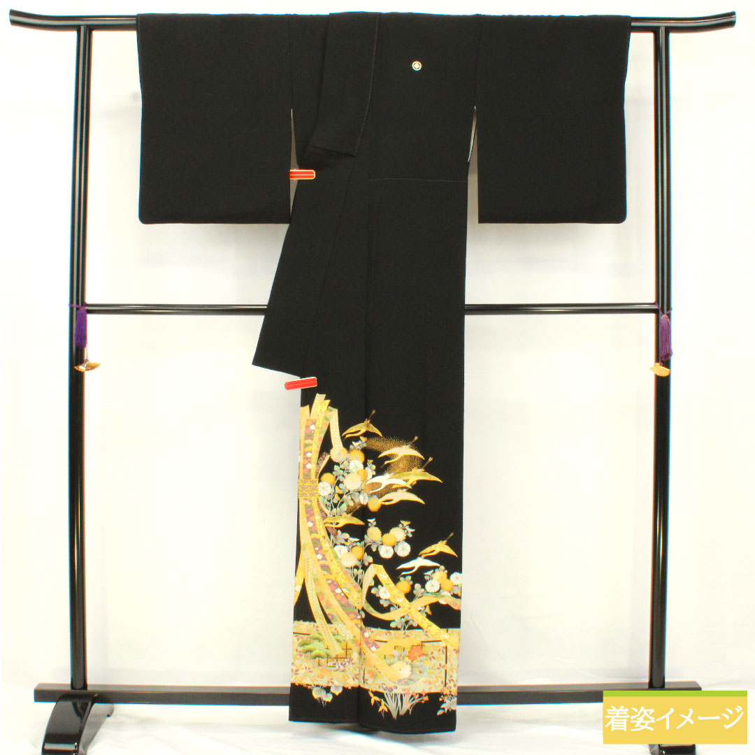 Black formal kimono, pure silk, length 160cm, sleeve length 65cm, lined, Kyoto Yuzen, noshi, crane, five crests, circle with three-tiered diamond pattern, Sanmatsu Silk Care, S rank, black, 1111001532410
