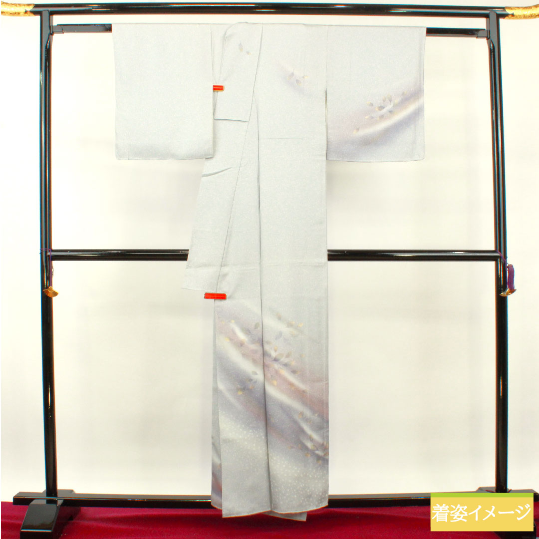 Homongi, pure silk, lined, length 156.5cm, sleeve length 63cm, cupronickel color, taped dye, leaf pattern, with basting thread, unused, S rank, gray, 1112003612322