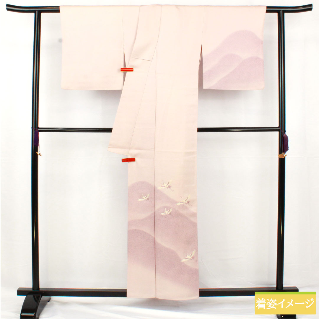 訪問着 正絹 袷 身丈157cm 裄丈63cm 桜色（さくらいろ） 京友禅 鶴 Aランク 紫系 1112005523320