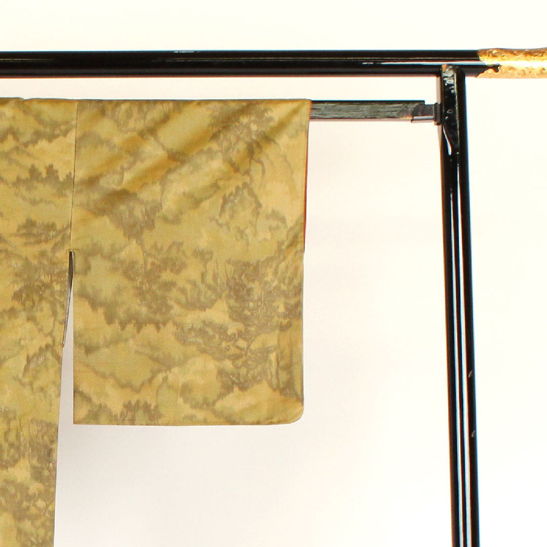 小紋 身丈159cm 裄丈64cm 袷  洗える着物 織ボカシ ポリ Sランク 黄系 1115000112323