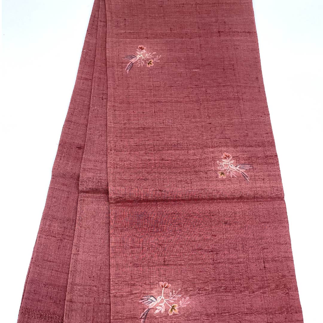 袋帯 蘇芳色（すおういろ） 紬地 唐花模様 小鳥模様 帯丈439cm 正絹 Sランク ポイント柄 カジュアル 紫系 1123009422320