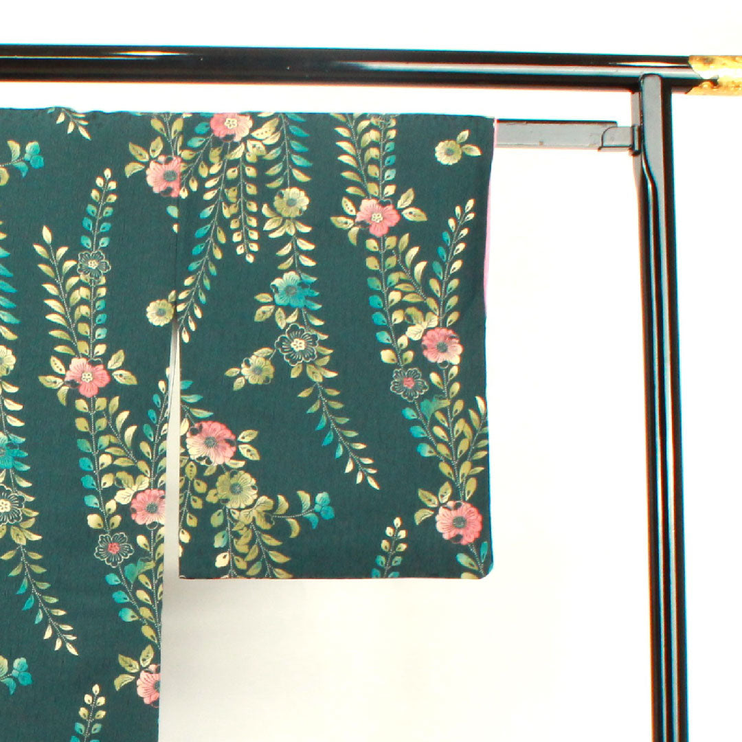 Small pattern, Length 161cm, Sleeve length 64.5cm, Awase, Iron color, Washable kimono, Tsujigahana, Polyester, S rank, Green, 1115002612419