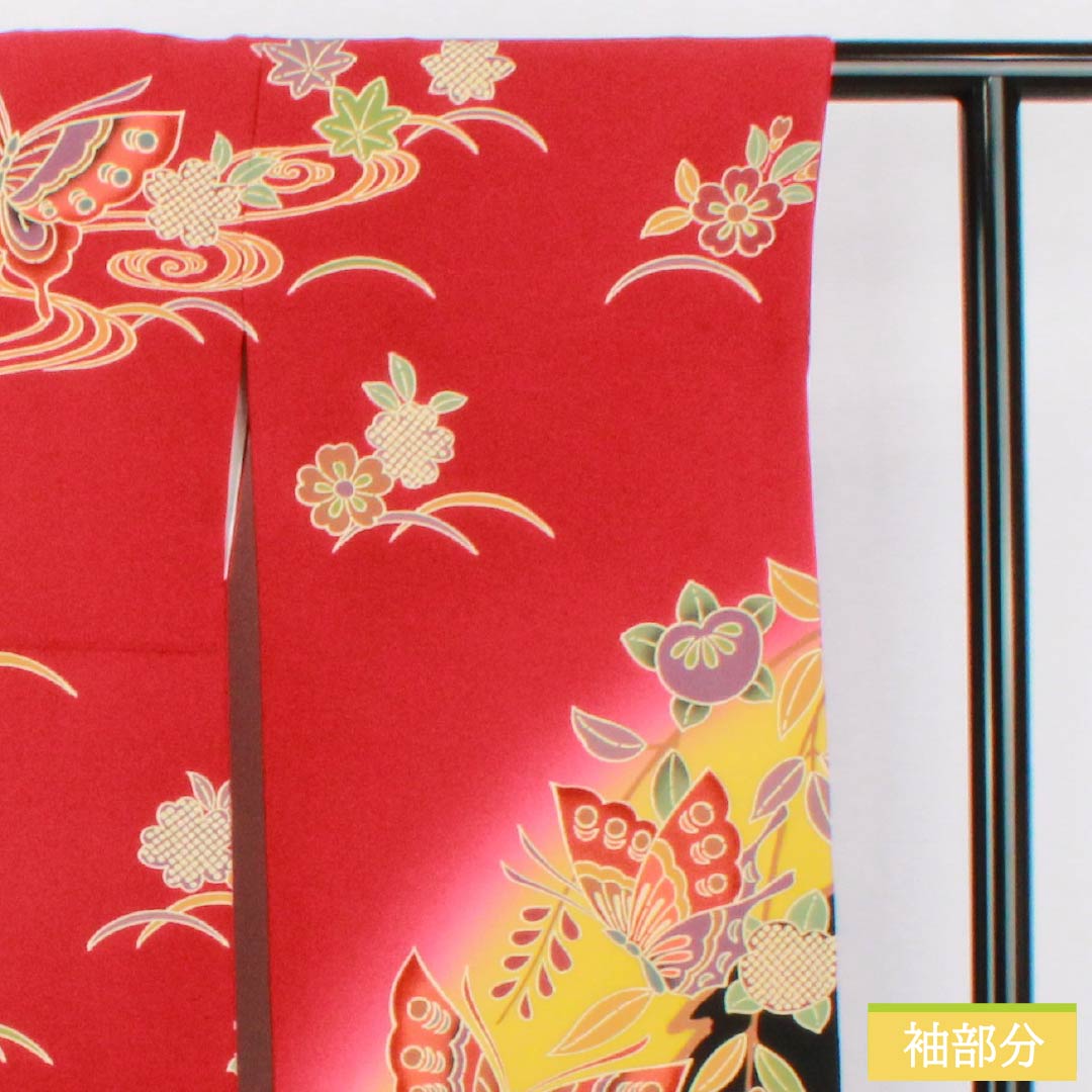 振袖 正絹 Aランク 身丈158.5cm 裄丈67cm 袷 紅赤色（べにあかいろ） 京紅型 吉祥文様 蝶 菖蒲 橘 赤系 1113002283312