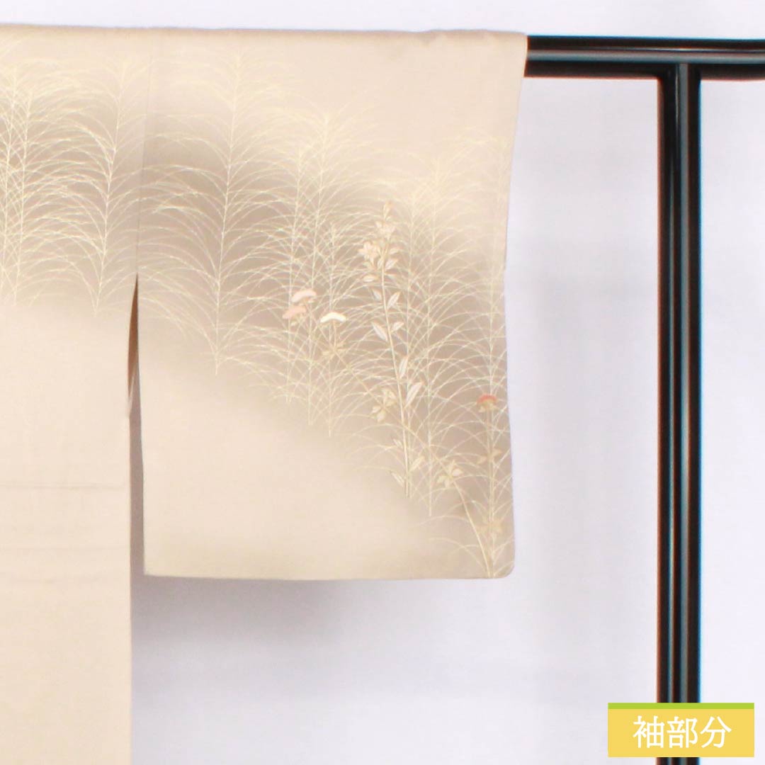 訪問着 正絹 Aランク 袷 身丈165.5cm 裄丈64cm 砥粉色（とのこいろ） 京友禅 ススキ 草花 萩 ベージュ系 1112007253525