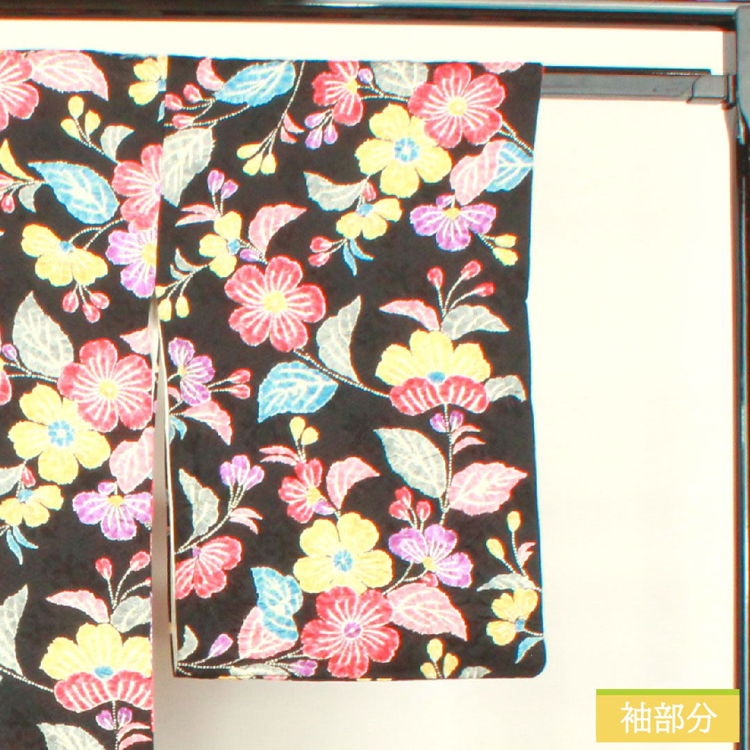 Komon, pure silk, length 165.5cm, sleeve length 67cm, lined, tie-dye, floral pattern, S rank, black, 1115004472510