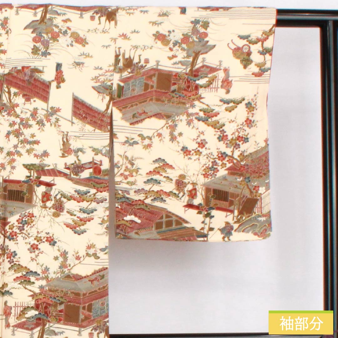 小紋 正絹 身丈156.5cm 裄丈62cm 袷 砥粉色（とのこいろ） 型染 時代絵巻 Bランク クリーム系 1115005054315
