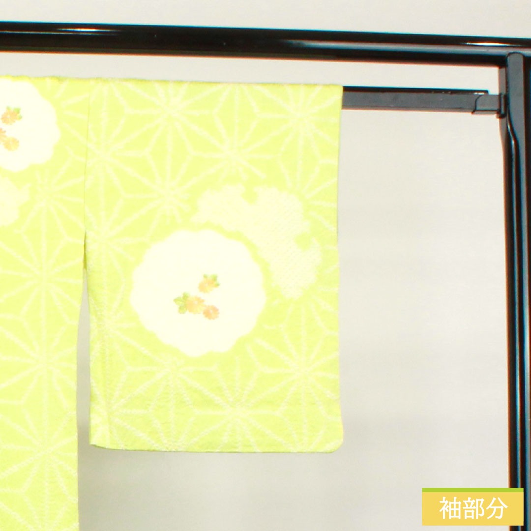 Homongi, pure silk, lined, length 162.5cm, sleeve length 62cm, young bud color, embroidery, tie-dye, hemp leaf, A rank, green, 1112003433419