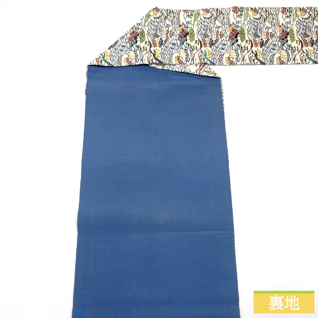 名古屋帯 正絹 Aランク 生成り色（きなりいろ） 型染 紅型調 風景模様 帯丈371cm 六通 カジュアル クリーム系 1124010593315 名古屋仕立て