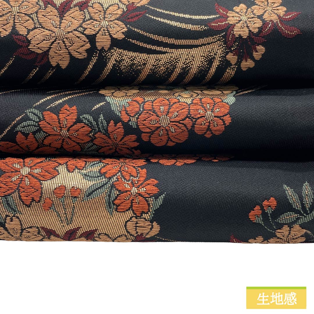 半幅帯 ポリエステル Sランク 黒色（くろいろ） 花柄 芝草 広幅 帯丈345cm 黒系 1125003482310
