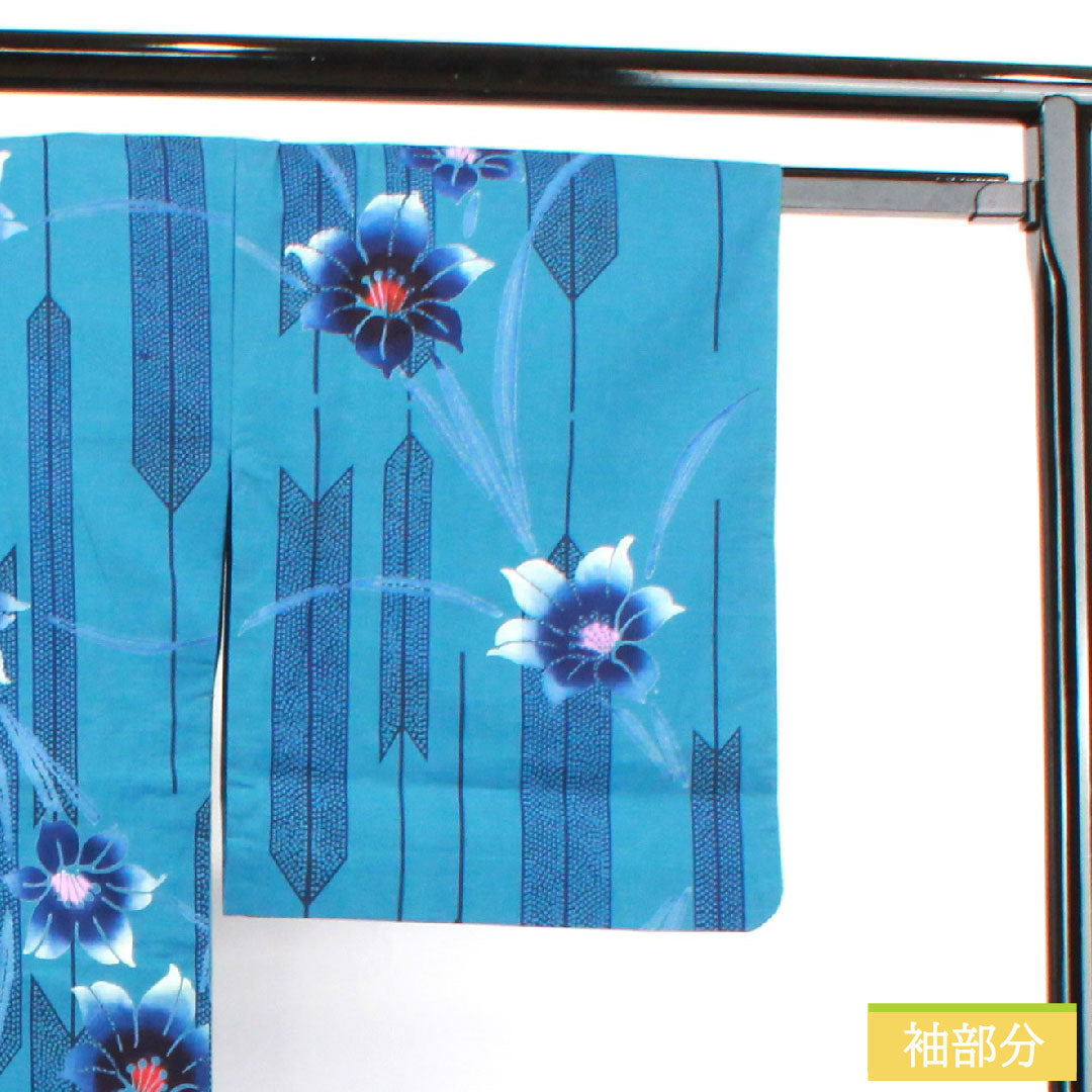 Yukata Cotton Length 162.5cm Sleeve length 65.5cm S rank Single layer Blue Mashana color Arrow feather Abstract flower 1118004822417