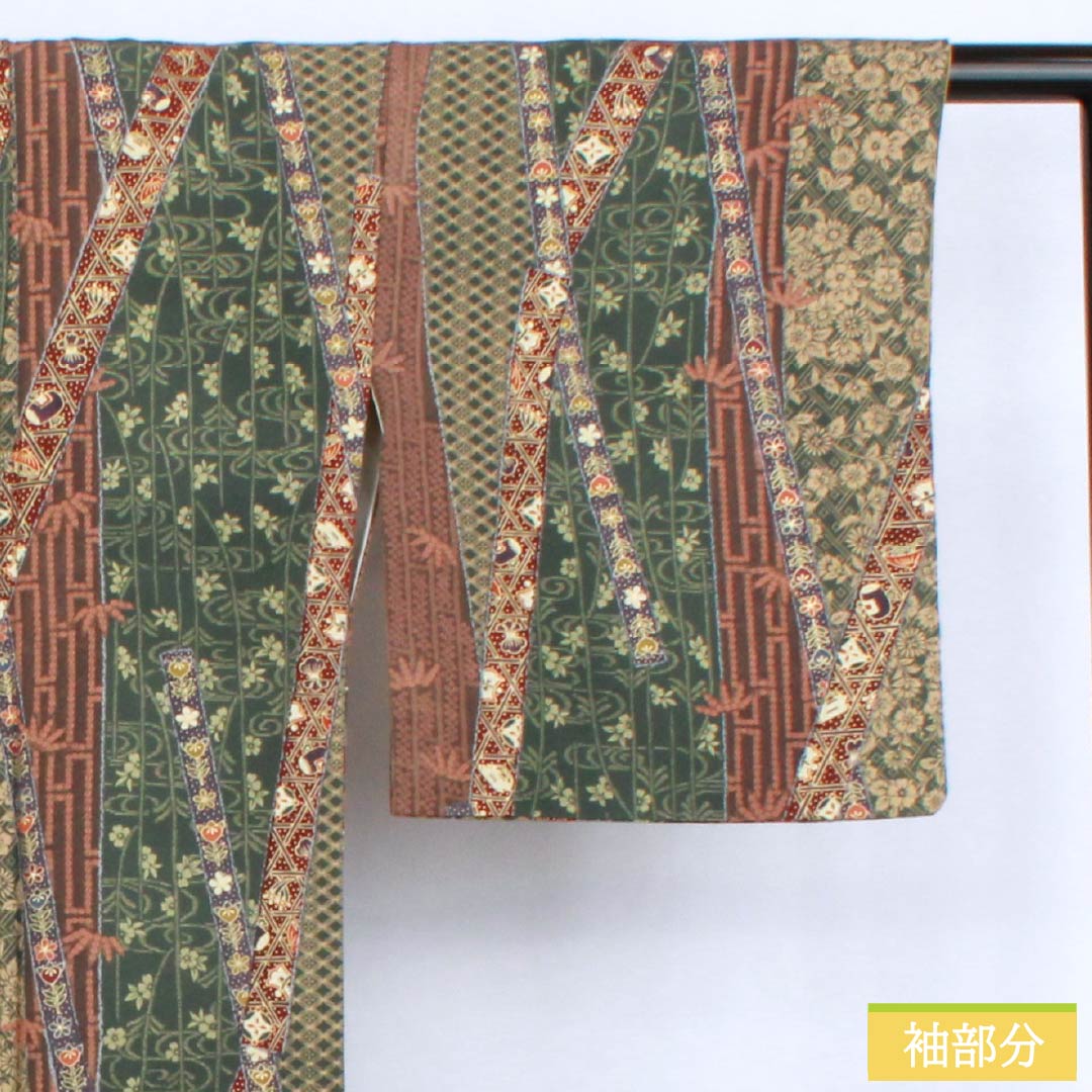 Komon (small pattern) kimono, pure silk, length 162.5cm, sleeve length 66cm, lined, Satsuma Nandou color (Satsuma Nandou color), stencil dyeing, auspicious motif, S rank, green, product number 1115006142419
