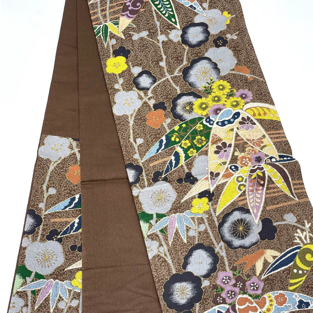 袋帯 鳶色（とびいろ） 松竹梅 桜 白綾苑大庭 帯丈432cm 正絹 Aランク 六通 フォーマル 茶系 1123006153314