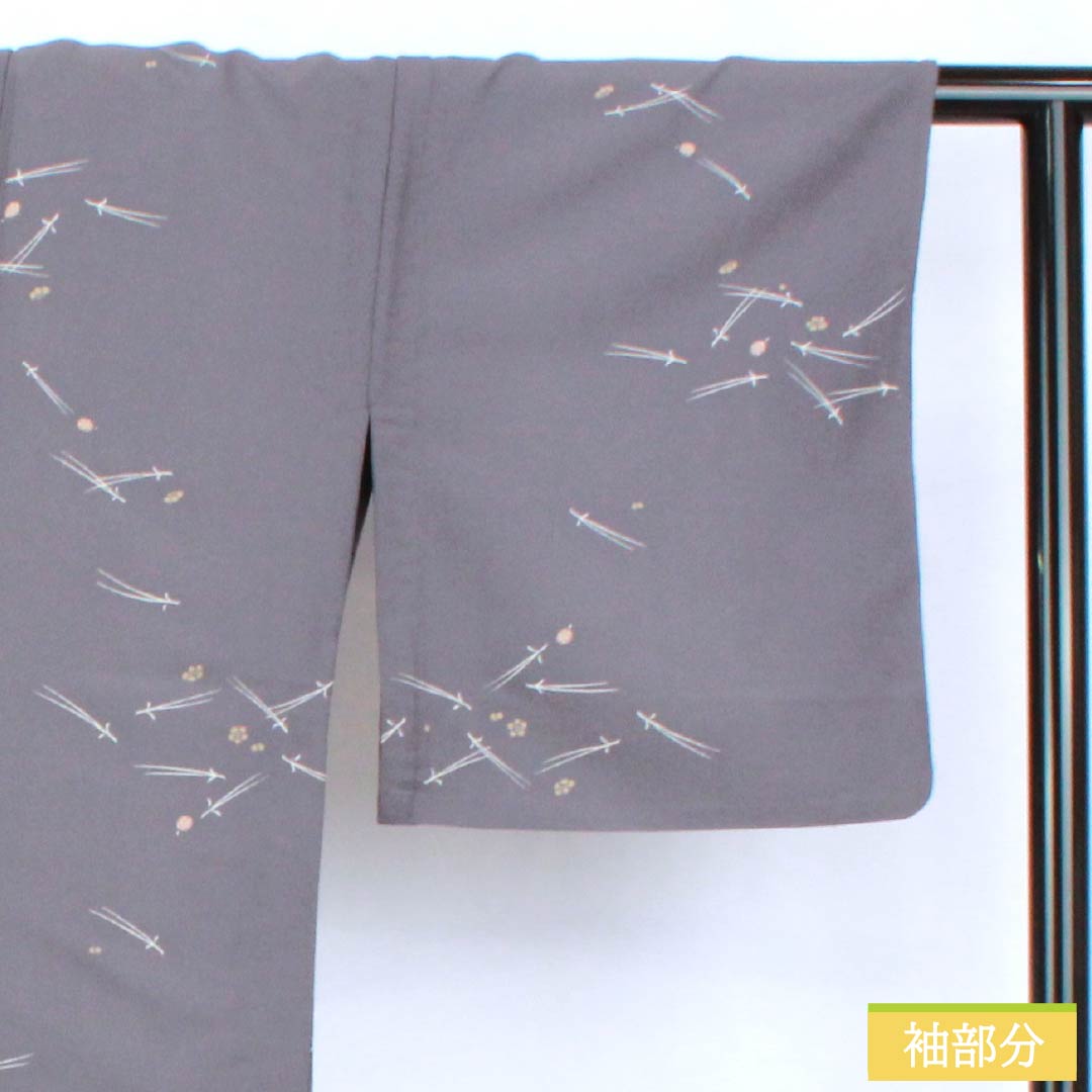Polyester Komon, S-rank, Length 163cm, Sleeve-to-sleeve 65.5cm, Unlined, Nezumi-shino color (grayish brown), Katazome Pine, Bamboo and Plum, Washable Kimono, Gray tones, 1115007942422