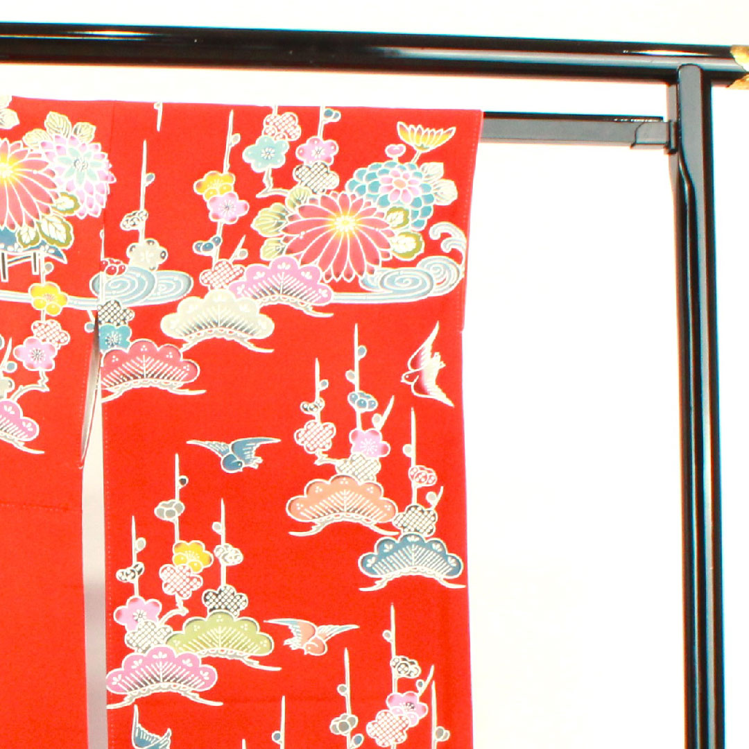 振袖 身丈158cm 裄丈66cm 袷  緋色 京紅型 松竹梅 菊 鳥 吉祥文様  正絹 Sランク 赤系 1113001602312