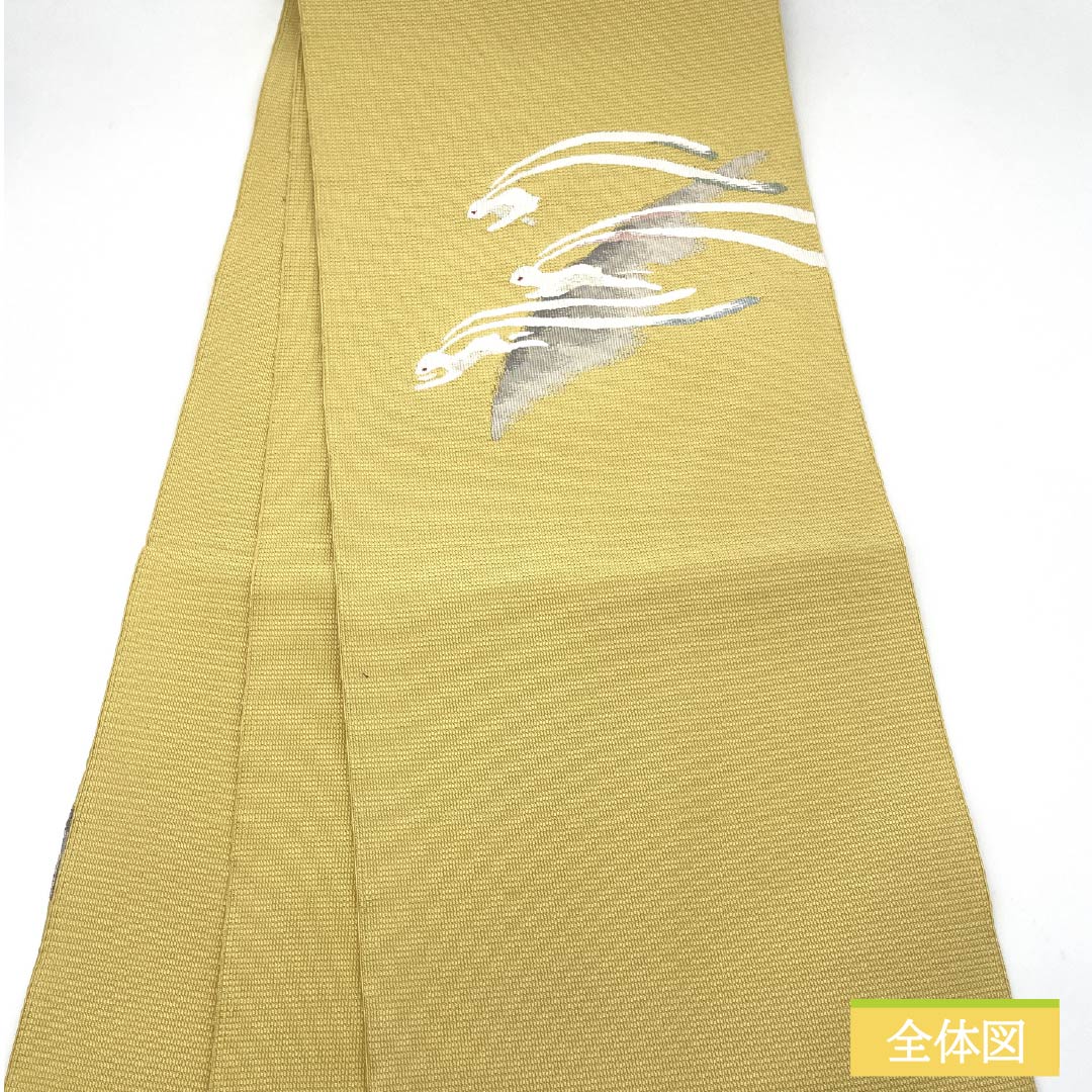 Nagoya obi, yellow karakami color, Tsuzure weave, Tsuzure weave with nail-scratched pattern, Rabbit, obi length 388cm, pure silk, S rank, point pattern, casual, yellow, 1124007672423, open style