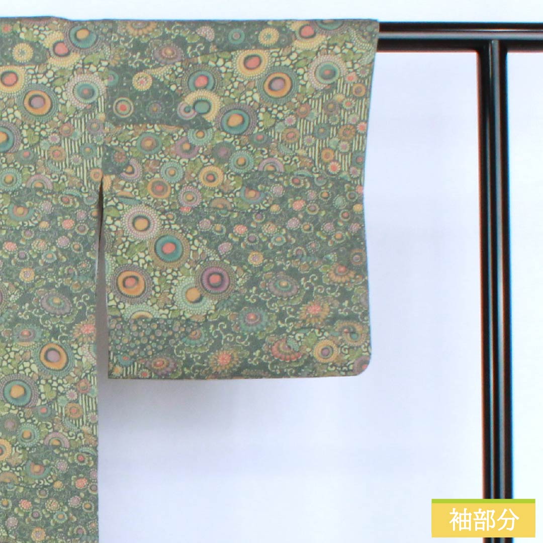 小紋 正絹 Aランク 身丈155.5cm 裄丈64cm 袷 鉄色（てついろ） 江戸小紋 南部幸雄 菊 割付文様 緑系 1115007243319