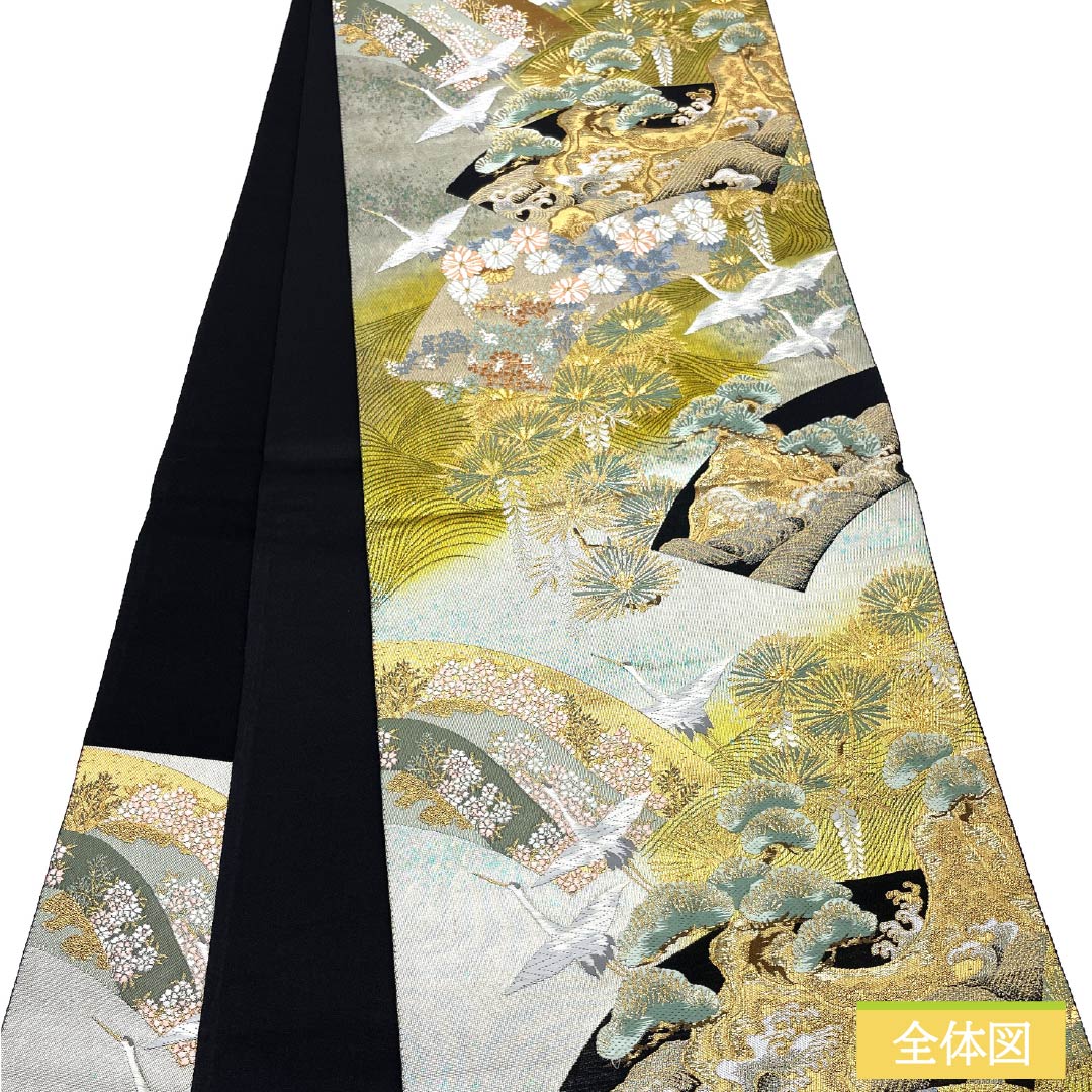 Silk Fukuro Obi for Tomesode, Crane, Fan, Chrysanthemum, Length 436cm, S Rank, Six-way, Formal, Black, 1123013362310
